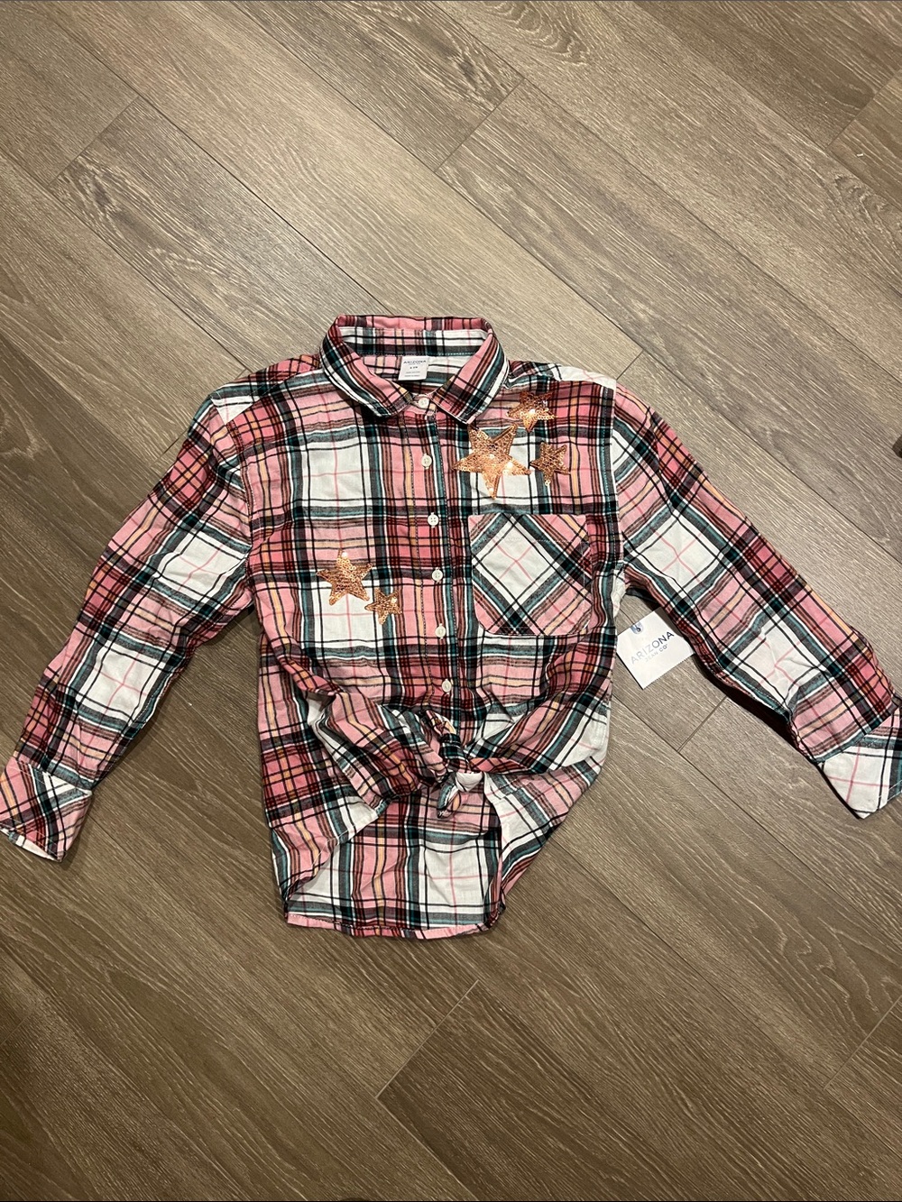 Arizona Jean Company Pink Plaid Button-Down Shirt with Star Sequin Details